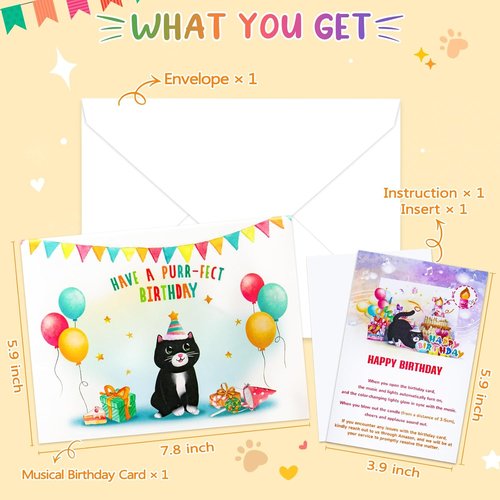 FITMITE Cute Cat Birthday Card - Music, Lights & Blowable Candle | Funny Pop-Up Design for Cat Lovers