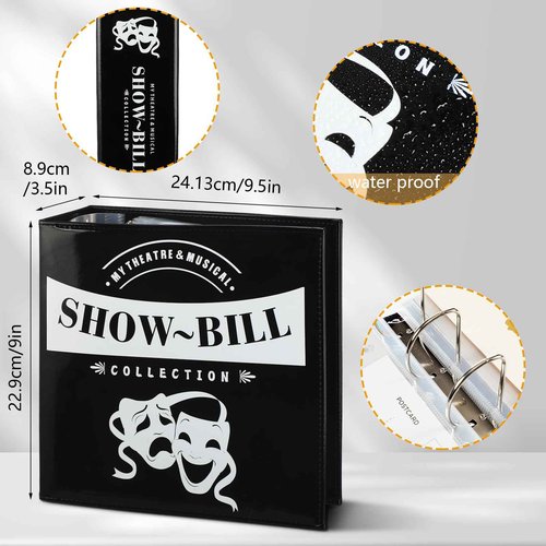 Sinload 2 Set Show Bill Binder with Sleeves for Broadway and Theatre 3 Ring Theater Program Holder with 40 Sheet Protectors PU Leather Playbill Binders Broadway Playbill Holder (Black)