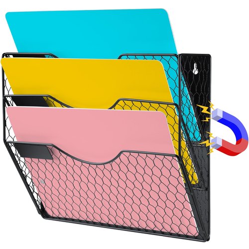 NiOffice 3-Pocket Magnetic File Organizer for Office and Home - Vertical Magazine and Mail Holder with No-Drill Mounting for Wall, Cabinet or Fridge (Black)