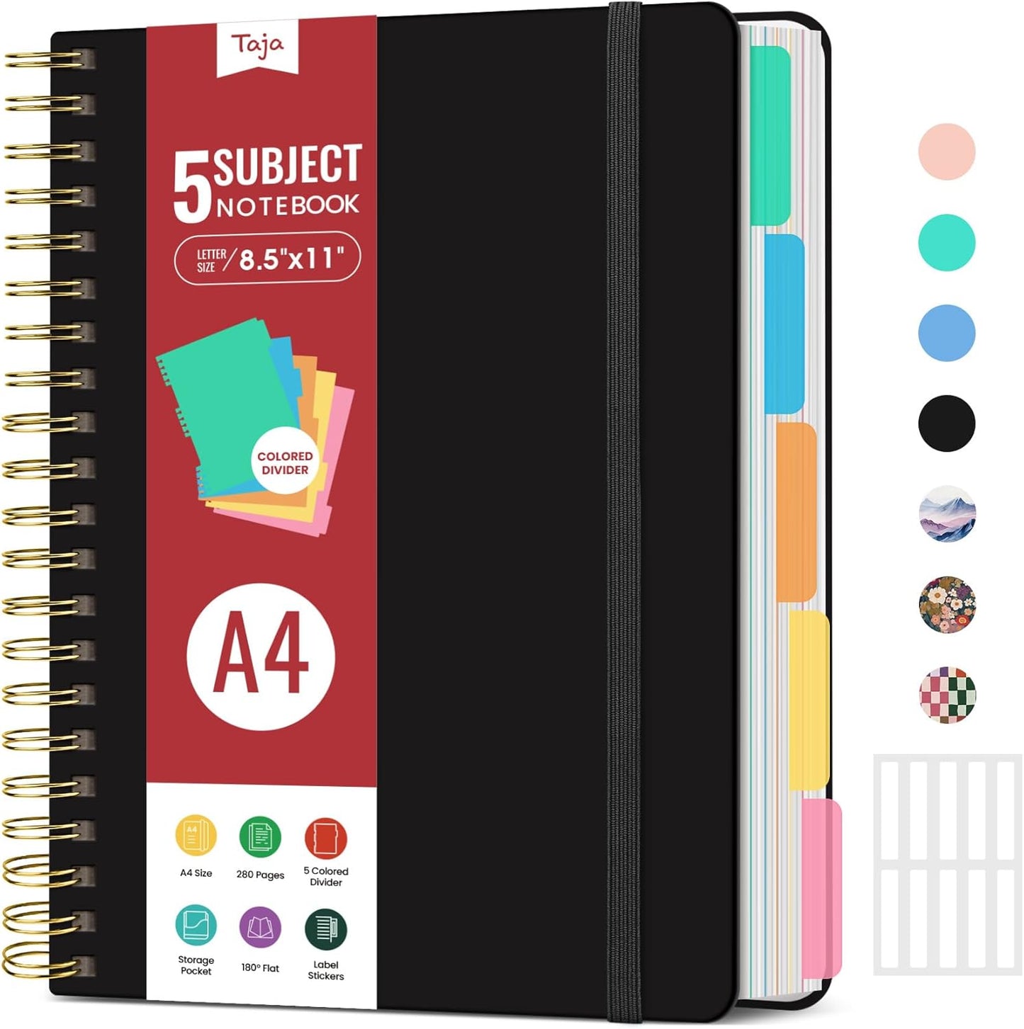 Skiennix Hardcover Spiral Journal - 5 Subject Notebook with Removable Dividers & Tabs | 8.5"x11", Black, 280 Pages