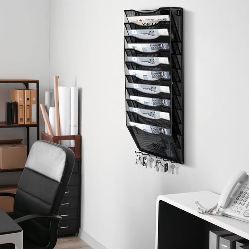 Flexzion Wall Hanging File Organizer Metal File Holder 10-Pocket Black Mesh Office Wall Organizer Magazine Rack Wall Mounted Hanging Paper Organizer with Key Hooks and Label Plates