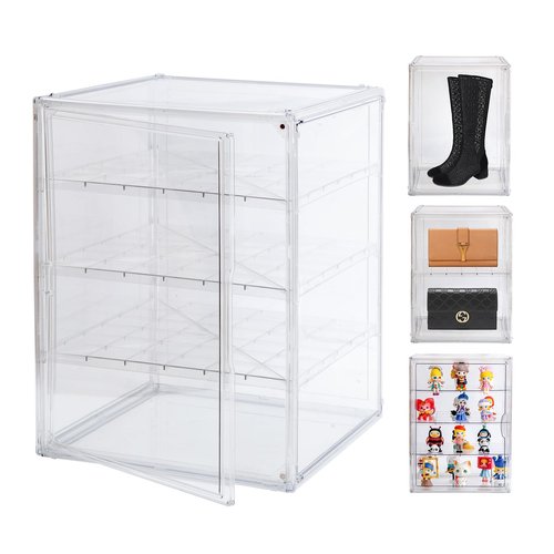 BOHOIDEE 3X-Large 4 Tiers 17.7"X13"X13" Acrylic Display Case with 3 Division Boards, Clear Organizer Box Plastic Holder with Magnetic Door for Handbags, Purses, Boots, Figures, Book