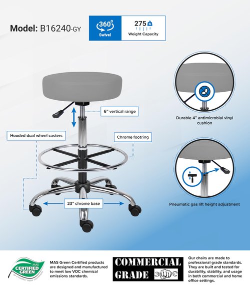 Boss Office Products Adjustable 16" Drafting Stool, Grey
