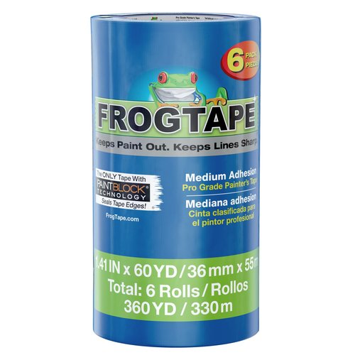 FrogTape Pro Painter's Tape with PAINTBLOCK, Medium Adhesion, 1.41" Wide x 60 Yards Long, Blue, 6 Rolls (242750)