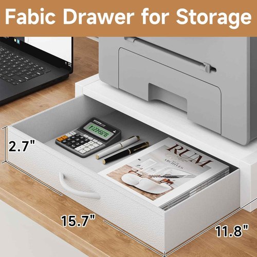 YAOHUOO 2-Tier Desktop Printer Stand with Fabric Drawer, Prtiner Table with Storage Shelf, Desk Organizer for Home Office,3D Printer,Fax Machine,Scanner, 17.3"x11.8" White