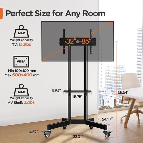 Perlegear Rolling TV Stand - Height Adjustable Mobile Cart for 32-85 Inch Screens | Supports 132 lbs