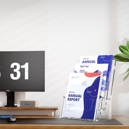 HLF-ho Brochure Holder 8.5x11 Inch 3 Tier with Removable Divider for 4x9 inch Clear Acrylic Pamphlet Display Stand Holder Countertop Use or Wall Mount for Office, Lobby, Hotel, Trade Show, 2 Pack