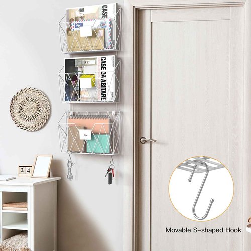 YBING Wall File Organizer White 6 Pack Mesh Hanging File Holder Organizer Metal Wire Mail Organizer Wall Mounted Office Papers Holder Hanging File Folders With Hooks