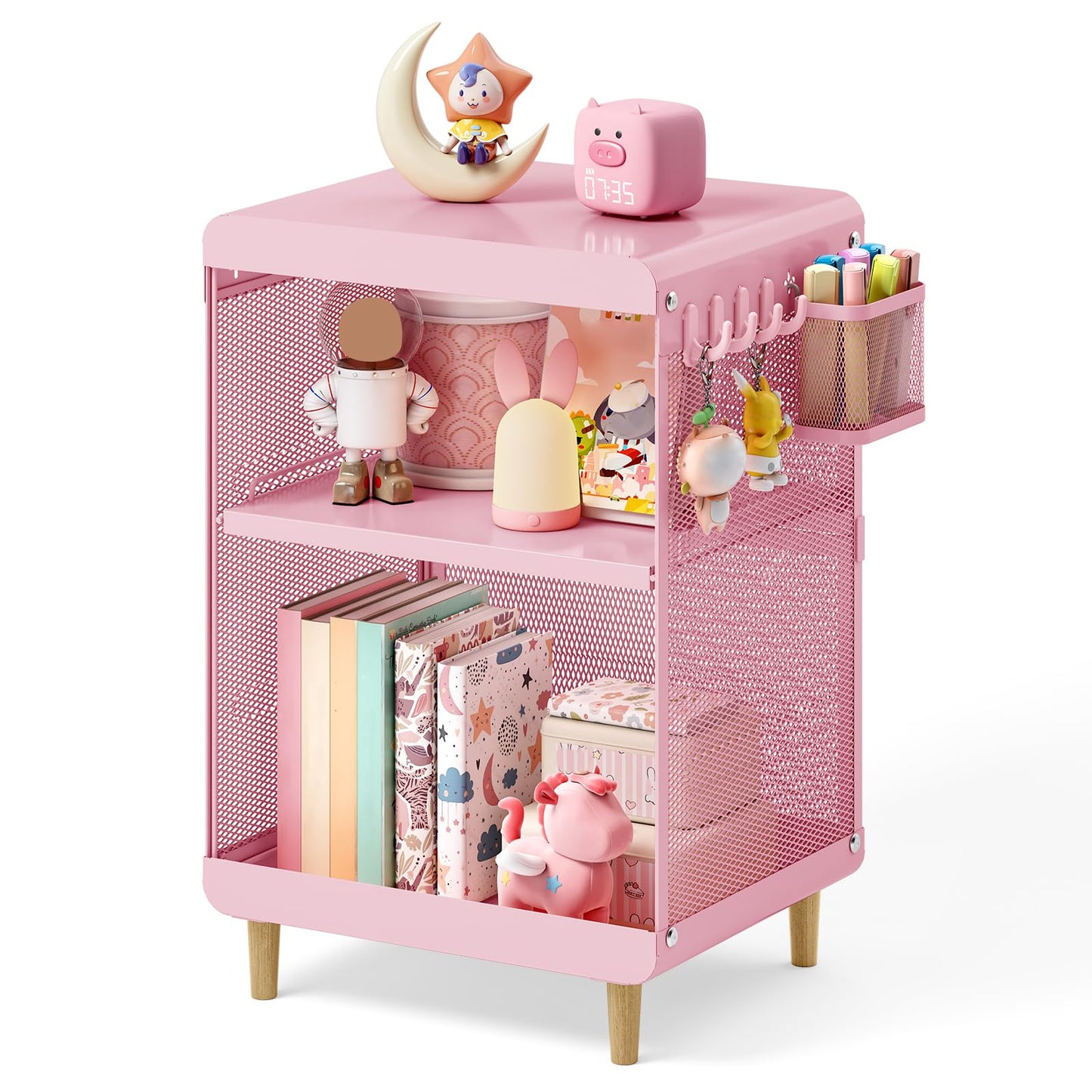 SYKIARIOL Kids Nightstand for Girls, Metal Bedside Table with 4 Hooks & Hanging Basket, 3-Tier Storage Shelf, Toddler Night Stand for Bedroom, Pink