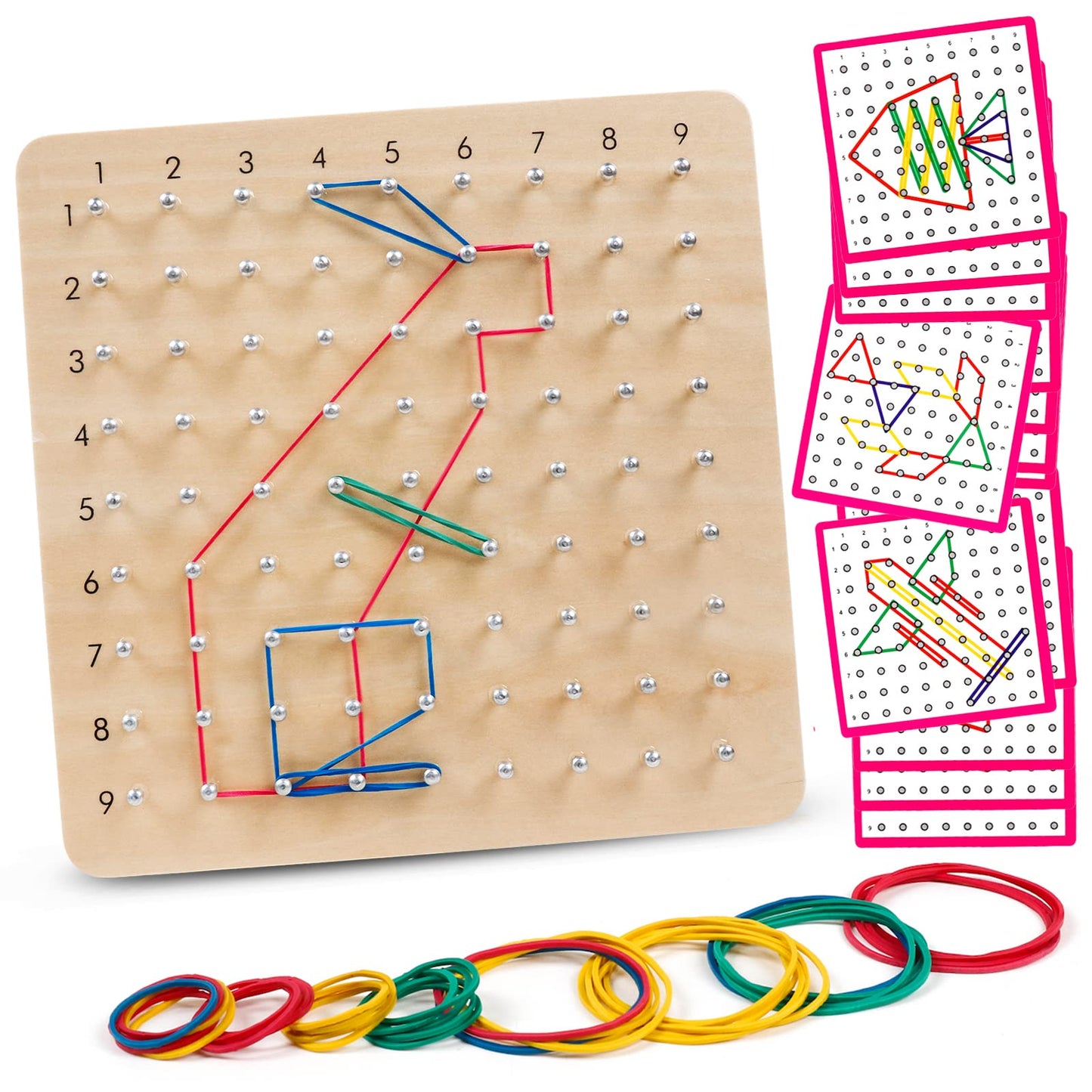 Skrtuan Wooden Geoboard with Pattern Cards & Rubber Bands, Montessori STEM Educational Toy for Kids 3-5 5-8 Years Old, Brain Teaser Puzzle Game for Geometry Learning and Creative Shapes