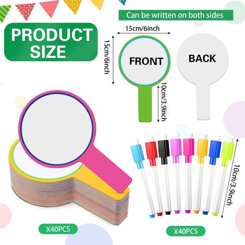 Crtiin 80 Pcs Colorful Dry Erase Paddles Set Include 40 Dry Erase Paddles with 40 Markers Double Sided Handheld Whiteboard for Answer Numbers Voting Blank Fans(Round)
