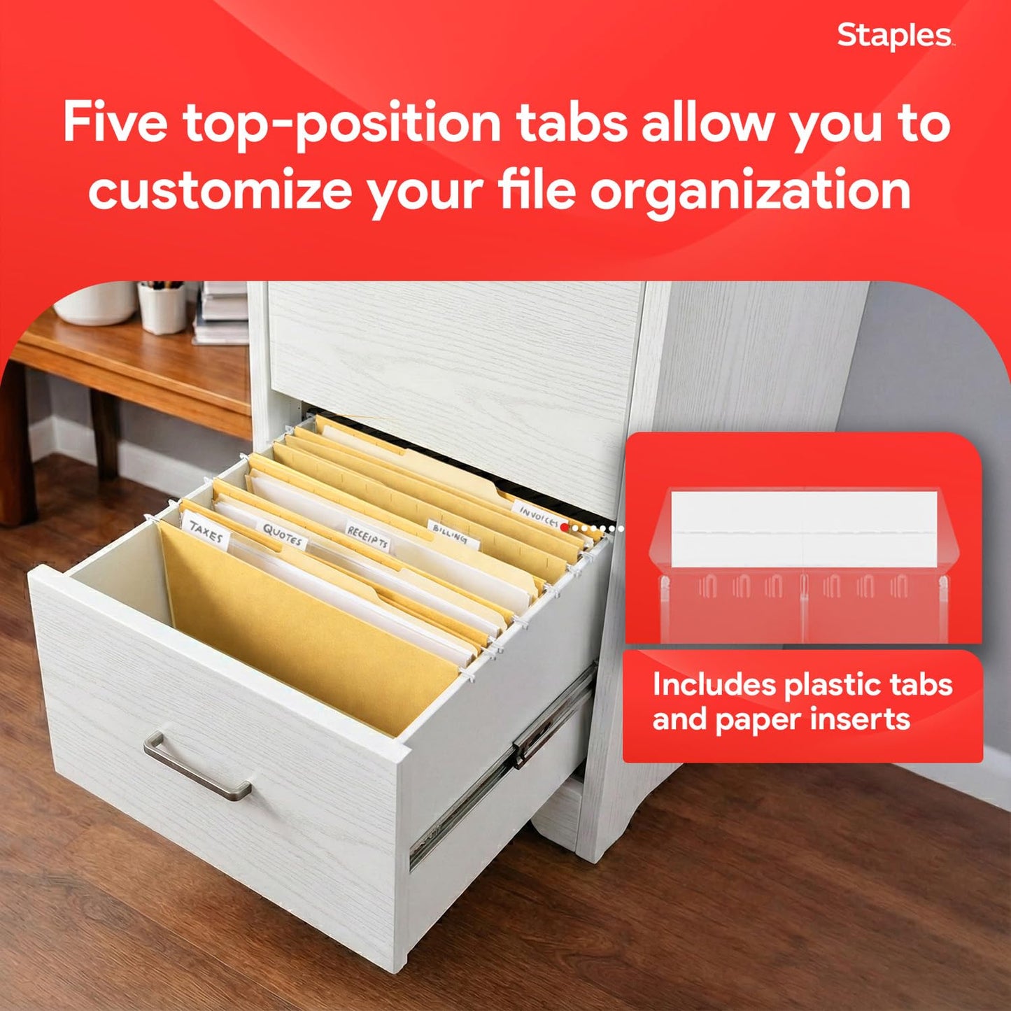 Staples Hanging File Folders, Letter Size, Yellow, 5‑Tab, Durable Construction – 25/Box