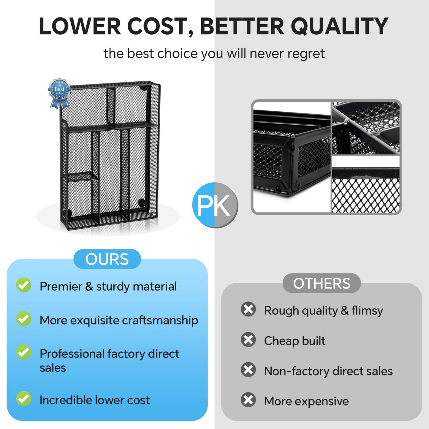 Desk Drawer Organizer, Office Drawer Divider Organizer Tray with 6 Compartments, Metal Mesh Desktop Organization and Accessories for Stationery Makeup Kitchen Toolroom School ＆Office, 12.6x8.27x1.6 in