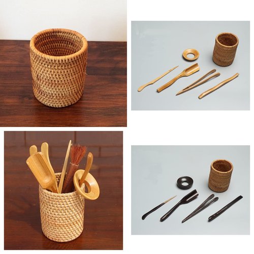 Okllen 2 Pack Rattan Pencil Holder, Handmade Wicker Pen Cup Makeup Brushes Holder, Woven Vine Desk Organizer Pen Container Box for Office & Home Desktop, Kitchen Utensil Cutlery, Cylinder