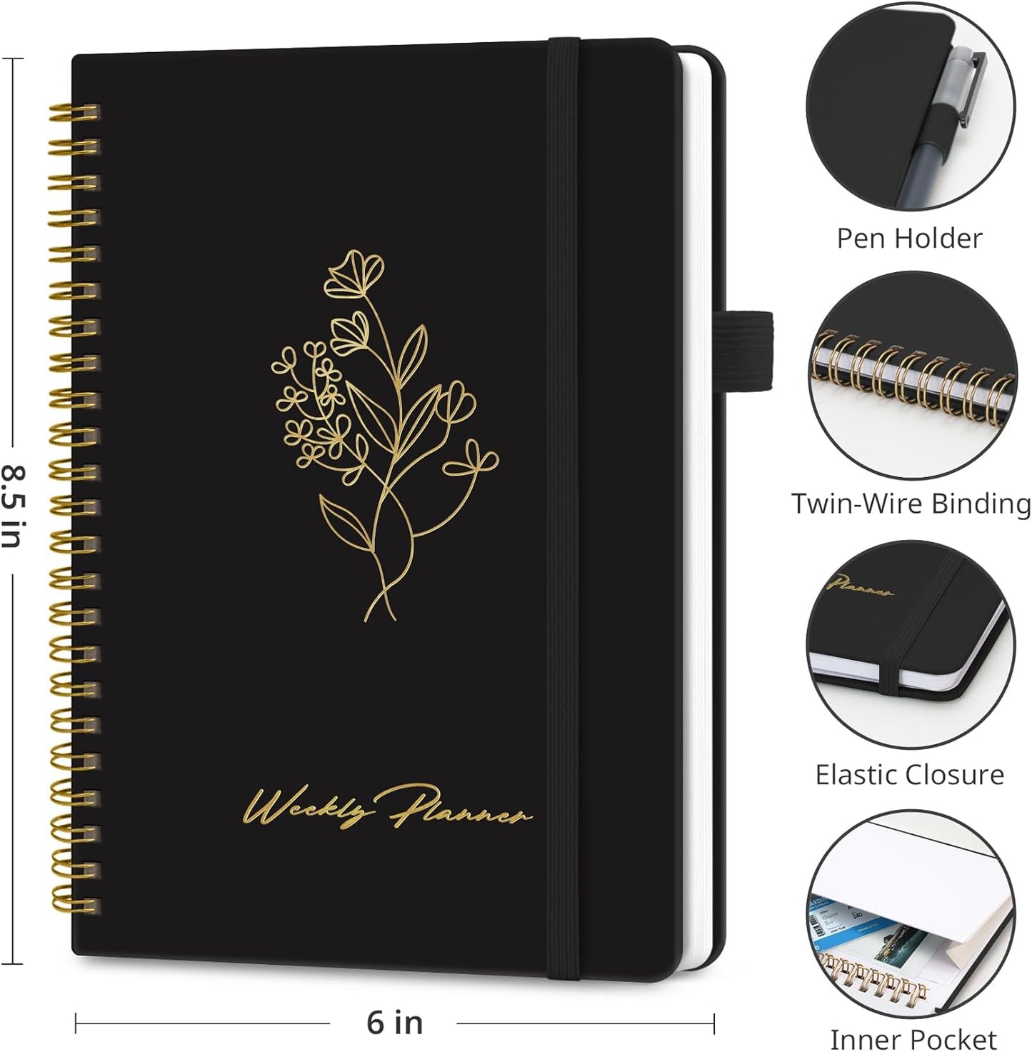 Undated Weekly Planner - A5 Goal & Habit Tracker Notebook with Spiral Binding | 6.1" x 8.2" - Black