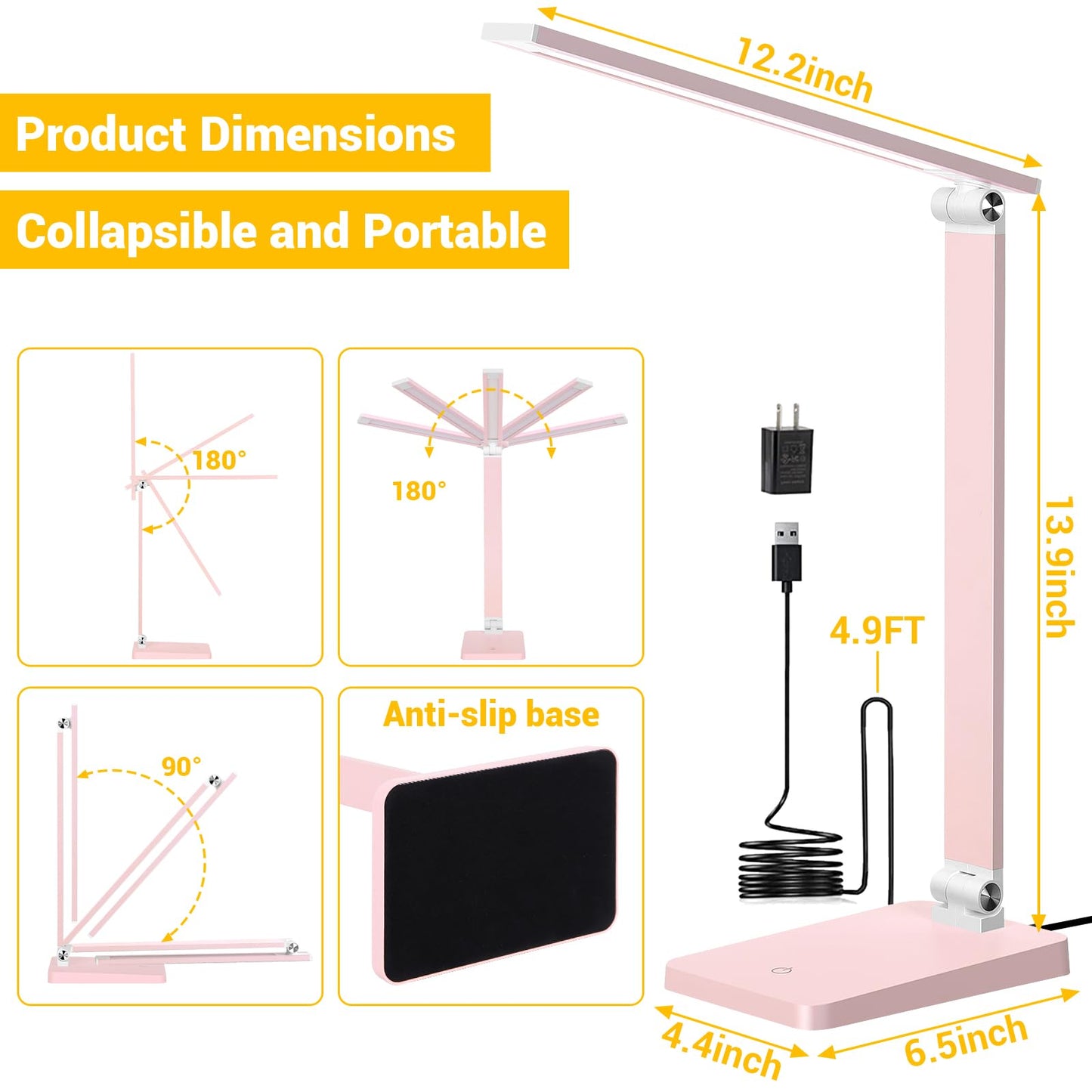LED Desk Lamp for Home Office, 3 Levels Dimmable Desk Light with USB Charging Port, Reading Lamp for Table Study Work Office Nail Craft Puzzle, Pink, 5000K