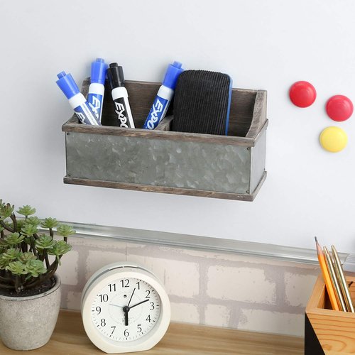 MyGift Magnetic Reclaimed Style Wood & Rustic Galvanized Metal Dry Erase Whiteboard Markers Holder Rack, Home Office Supplies Organizer Box
