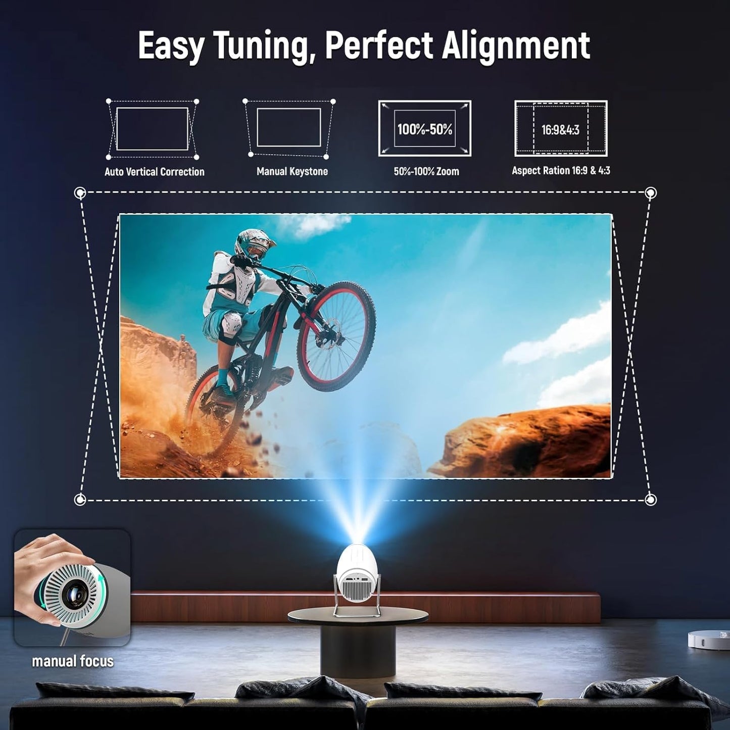 Skiennix Mini Projector - 4K 1080P WiFi & Bluetooth Portable Projector | 180° Rotatable, 130'' Screen