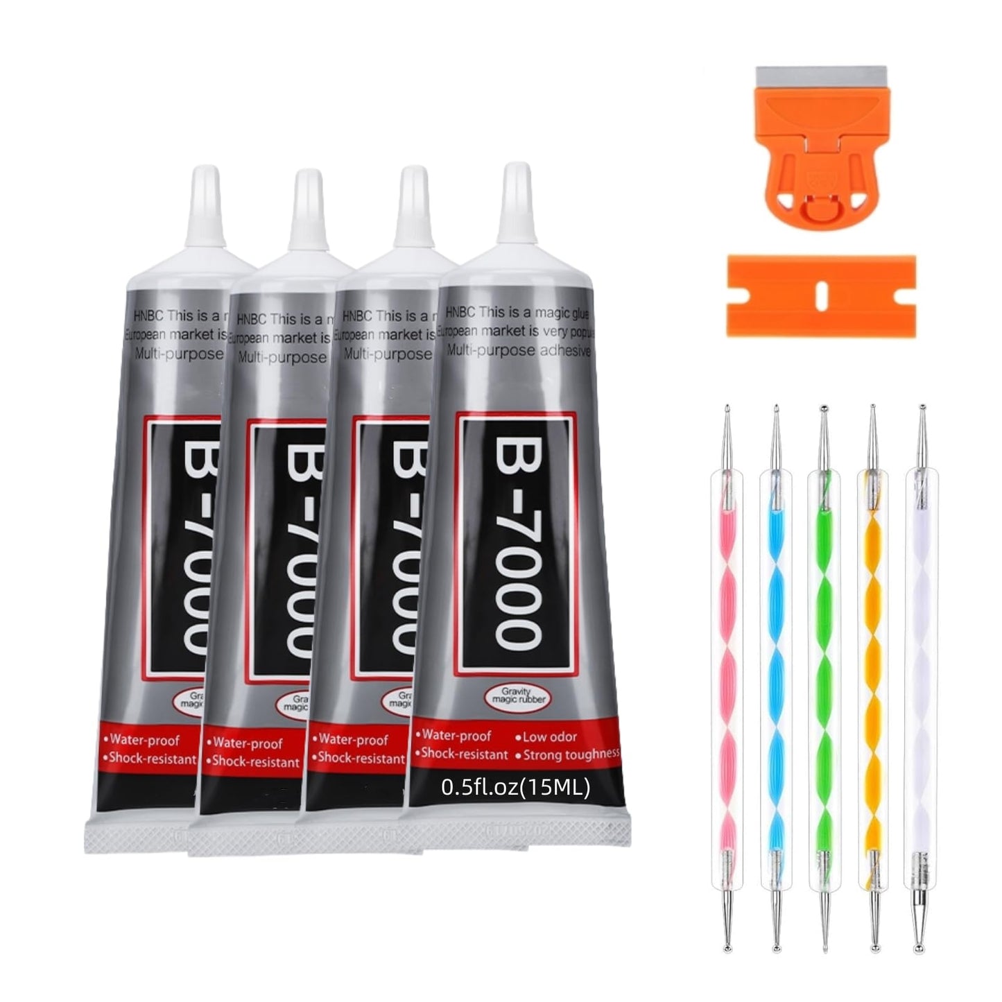 B-7000 Clear High-Viscosity Glue - Perfect for Rhinestones, Jewelry, Beads | Ideal for Fabric, Shoes, Clothes, Phone Screens, Metal, Stone, Nail Art, Glass (4X15ML/0.5oz)