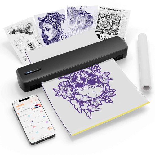 Tattoo Stencil Portable Thermal Printer: Wireless Bluetooth Transfer Machine Supports 8.5 x 11 Letter A4 A5 Sizes - Perfect for Tattooist Business Trip Travel Home Office - Laptop Smartphone and PC