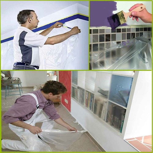 YUNXIHUI Painters Plastic with Tape, Tape and Drape, 10 Rolls Automotive Painters Tape and Plastic Film, Paint Plastic Covering Roll for Covering Skirting, Frames, Cars and Auto Body (55in X 65-Feet)