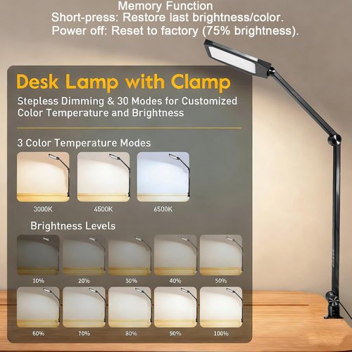 NS LED Desk Lamp - Flicker-Free Dimmable Table Light with 3 Color Modes | Adjustable Clamp for Home Office & Study