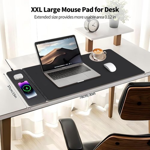 Wireless Charging Mouse Pad,Dual Fast Charger, Reversible Felt & PU Leather Desk Mat, for Office & Gaming, Large Surface, iPhone & Android Compatible – Black