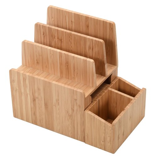 MobileVision Bamboo Office Organizer Complete Set INCLUDES: Charging Station, Pencil & Pen Holder w/Tray for Notepads, Drawer for Office Supplies & Stationary