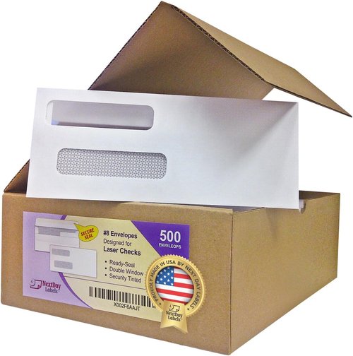 NextDayLabels #8 Double Window Check Envelopes - 500 Pack Self-Sealing with Security Tint - Ideal for Laser Printed Checks