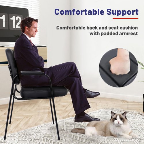 CLATINA Contemporary Leather Chair, Set of 2 - Black, Reception, Office, Guest, Waiting Room, No Wheels, Padded Arms, 275 lbs Capacity