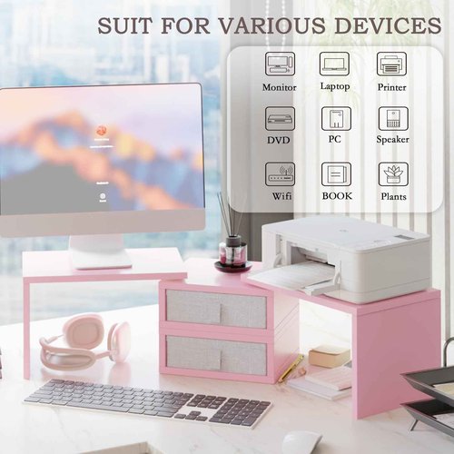 TEAMIX Pink Dual Monitor Stand Riser with 2 Drawers - Length and Angle Adjustable Double Corner Desk Shelf Organizer 37 inch for 2 Laptop/PC/Screen/TV (2 Drawers - 8''H)