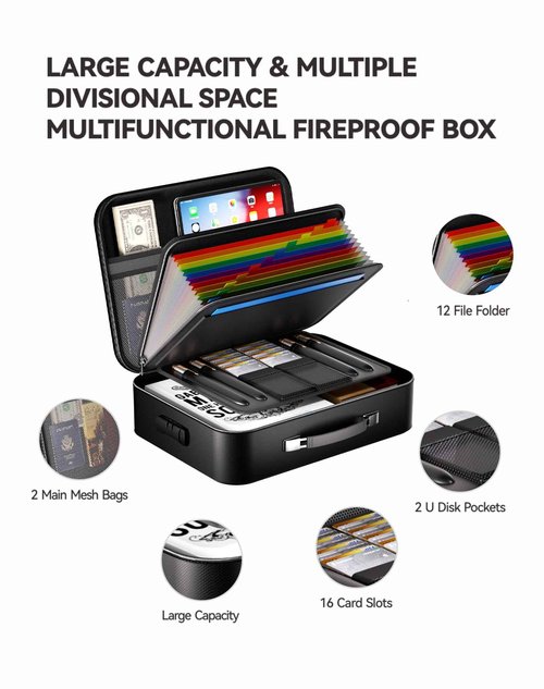 Gancuiwen Fireproof Document Box 8 Layer File Organizer Box with Lock. Important Document with File Folder, Laptop, Portable Travel Safe