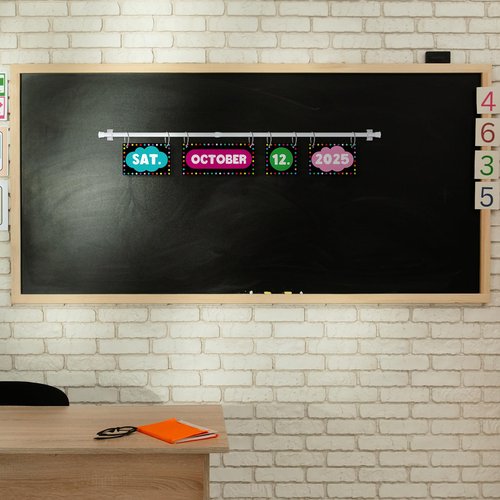 Gilprop Flip Calendar Bulletin Board Set with Holder Adjustable Calendar Display Holder Includes 55 Date Cards for Preschool School Classroom Wall Decoration(Chalkboard Brights)