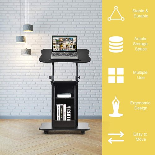 Mobile Laptop Desk, Height Adjustable Podium Stand w/ 4 Wheels & Tiltable Desktop, Rolling Lectern Cart Laptop Desk with Storage Shelves for School, Office, Home, Black