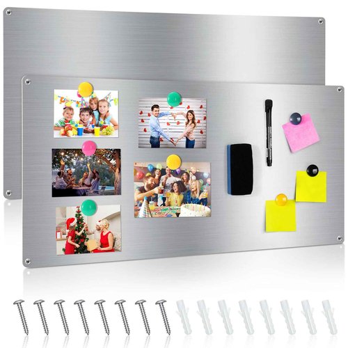 Therwen 2 Pieces 30 x 14 Inches Magnetic Wall Board Wet Erase Stainless Steel Magnet Bulletin Board Easy to Install with Mounting Screws for Home Office School Wall Refrigerator Display