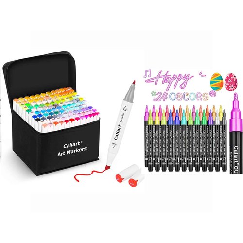 Caliart 121 Colors Alcohol Based Markers, 24 Double-Line Drawing Pens, Permanent Markers Mother's Day Gift for Mom, Kids, Adults, Artist, Cards, Drawing
