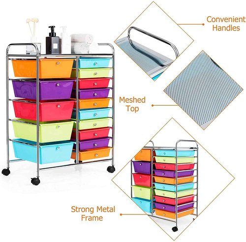 Topment Plastic Boxes 15 Drawer Rolling Organizer Cart Utility Storage Tools Scrapbook Paper Multi-Use