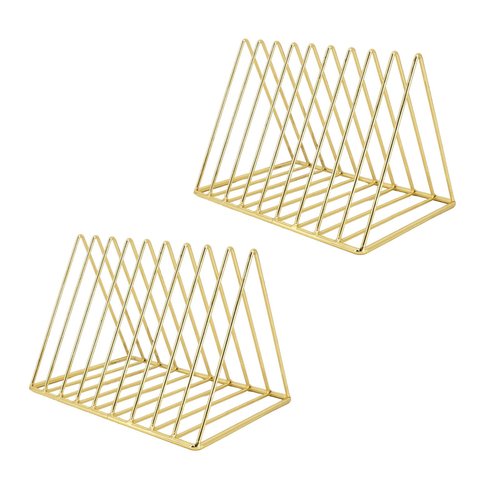 MIAO YUAN 2 PCS Desktop Triangle Book Magazine Holder, Iron Metal Book Stand File Organizer Folder Holder for Office, 9 Slots Gold Classified Storage Rack, Record Display Rack for Home Decoration
