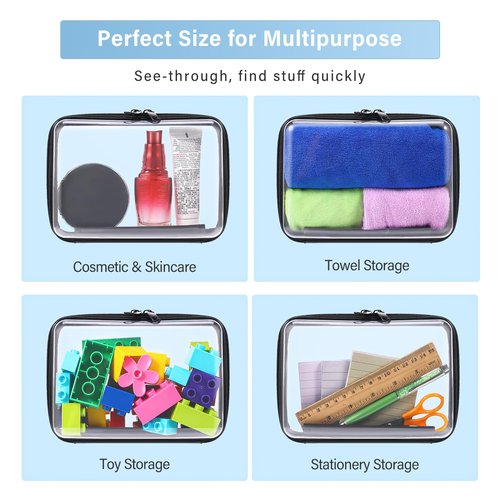4 Pack Zippered Hard Pouch, Clear Plastic Storage Box Containers Small Toiletry Bag, Clear Hard Shell Zipper Case for Small Items, Toys, Building Blocks, Puzzles, Cosmetics, Stationery Accessories