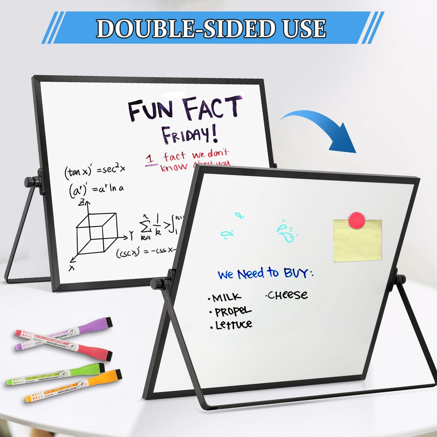 AMUSIGHT Double-Sided Magnetic White Board with Stand, 16" x 12" (Black)