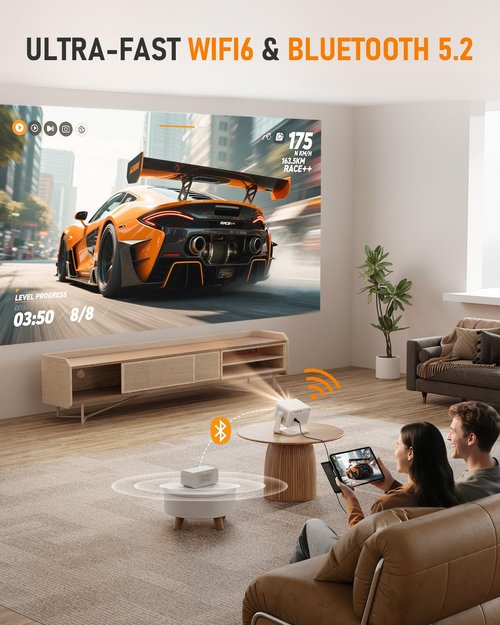 【Netflix Licensed & Auto focus Projector】VISSPL Smart Projector with WiFi and Bluetooth, Auto Focus & Keystone Protable Mini Projector with Stand, 4K Support Netflix Home Theater Projector White
