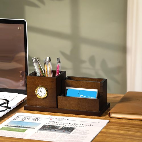 Watersay Wood Business Card Holders with Clock Pen Holder, Lawyers Gifts for Men and Women, Desk Organizer for Attorney Lawyers Professionals