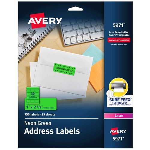 Avery Neon Address Labels with Sure Feed for Laser Printers, 1 x 2 5/8", 3,750 Green Stickers (5971)