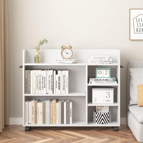 VECELO Book Cart, Wood Rolling Library Book Truck with Lockable Wheels and Adjustable Shelves, for Home Office, White