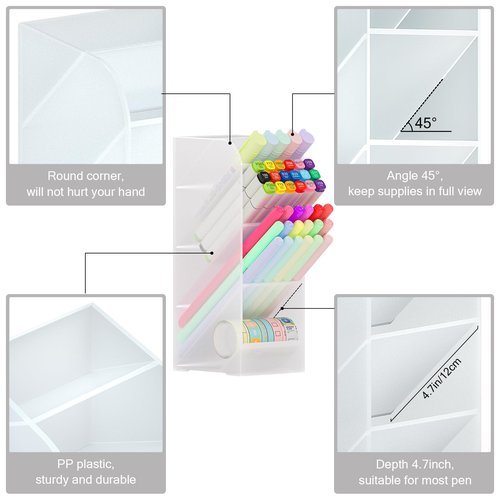 Asten Pen Holder, Pencil Holder for Desk, Pen Organizer for Office, School, Desktop, Large Capacity Pen Storage Organizer with 5 Compartment for Pens, Markers, Makeup Brush, Cosmetics (Clear, 3 Pack)