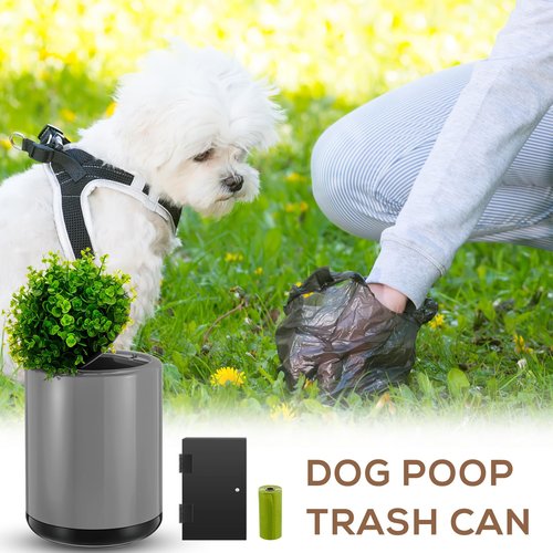Jingmore 2 Pcs Dog Poop Waste Trash Can with Lid and Bag Wall Mount Dispenser with 8 Rolls Doggie Storage Outdoor Plant Style Bin Container for Bedroom Decorative(Grey)