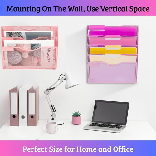 Heavty 3 Pocket Wall File Holder Organizer, Mesh Hanging Wall Mounted Document Paper Folder Filing Magazine Rack with Nametag Label for Office Home School, 3 Tier Pink