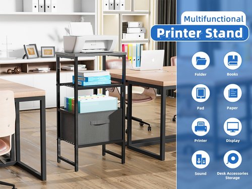 Printer Stand with Storage Shelves and Fabric Drawer, 4-Tier 11.8" D x 16" W x 32" H Printer Table, Side Table Desk for Home Office, Metal Shelf Holder for Fax Machine, Scanner, Black