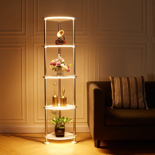 HOPEDAMAI Floor Lamp with Shelves Height Adjustable Music Sync LED Corner Floor Lamp with Charging Stationl Dimmable and Timing RGB Standing Lamp for Christmas Gifts White 5-Tier
