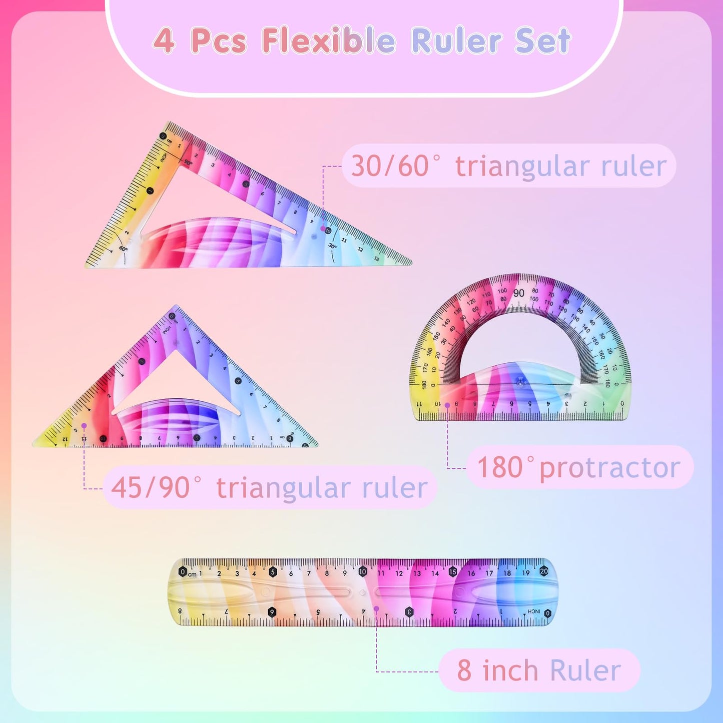Valtiner 4 Pcs Flexible Rulers Set, Colorful Geometry Kit, Plastic Bendable Shatterproof Soft Rulers, Clear Ruler 20 cm/ 8 Inch, Triangle Rulers and Protractor for Back to School Supplies (8 Inch)